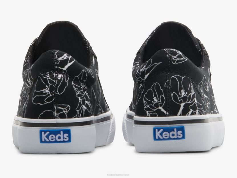 Women Keds Jump Kick Canvas Hand Drawn Floral Sneaker Black White RXFBP4201