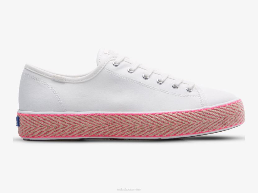 Women Keds Triple Kick Canvas Jute Foxing Sneaker White Neon Pink RXFBP4167