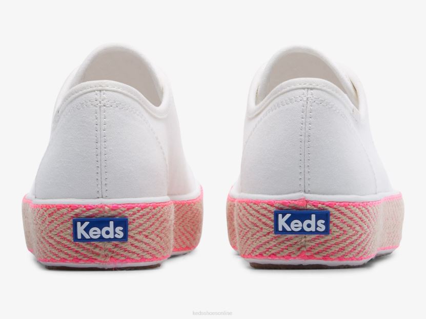 Women Keds Triple Kick Canvas Jute Foxing Sneaker White Neon Pink RXFBP4167