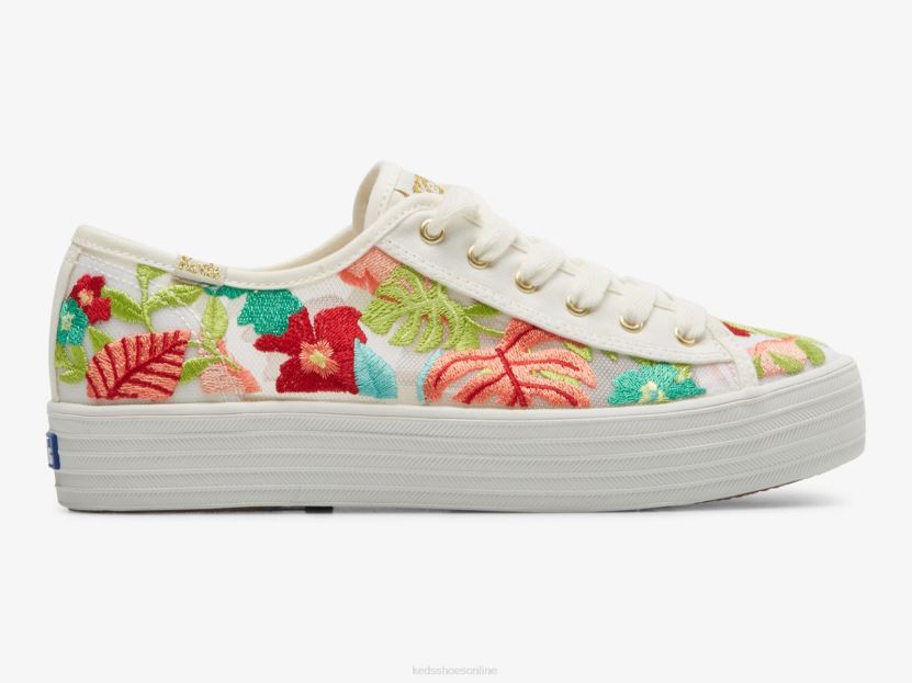 Women Keds Triple Kick Tropical Embroidery Sneaker White Coral RXFBP4152