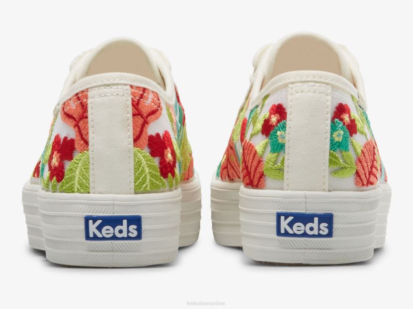 Women Keds Triple Kick Tropical Embroidery Sneaker White Coral RXFBP4152