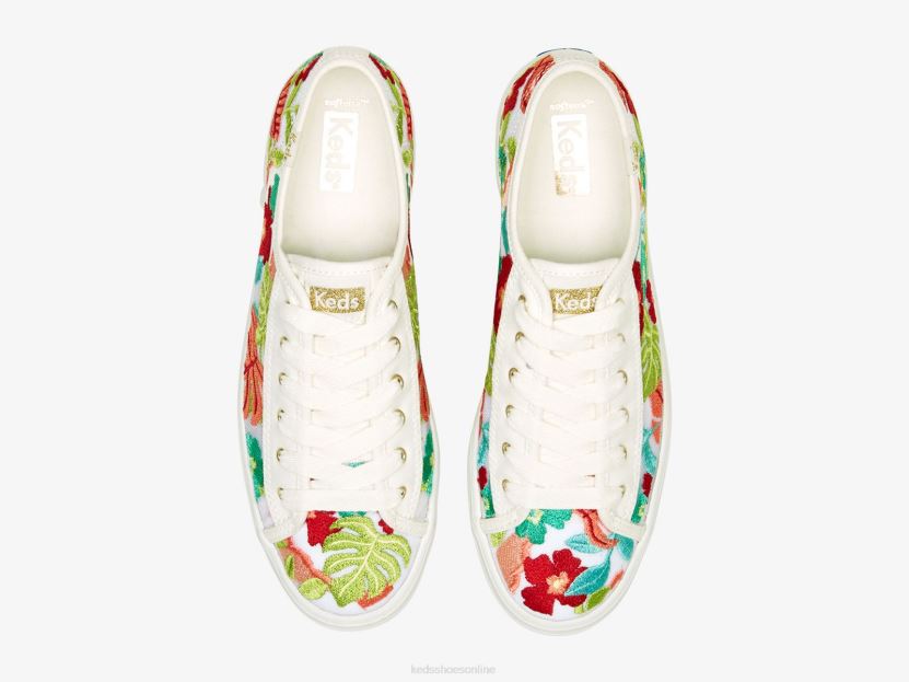 Women Keds Triple Kick Tropical Embroidery Sneaker White Coral RXFBP4152