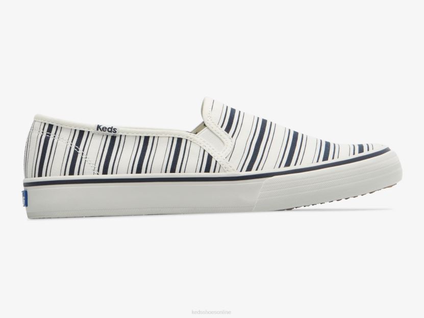 Women Keds Double Decker Canvas Stripe Slip On Sneaker White Navy RXFBP467