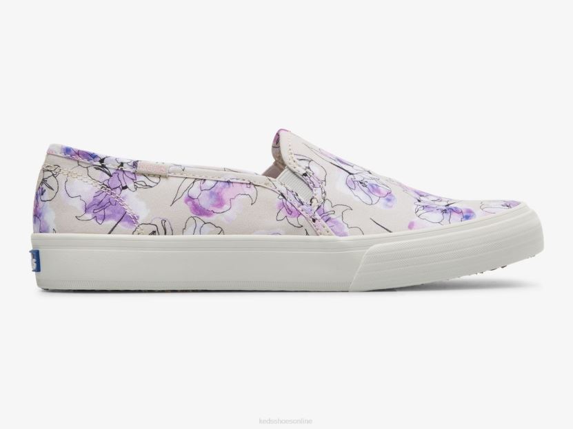 Women Keds Double Decker Canvas Watercolor Floral Print Slip On Sneaker Grey Purple RXFBP464