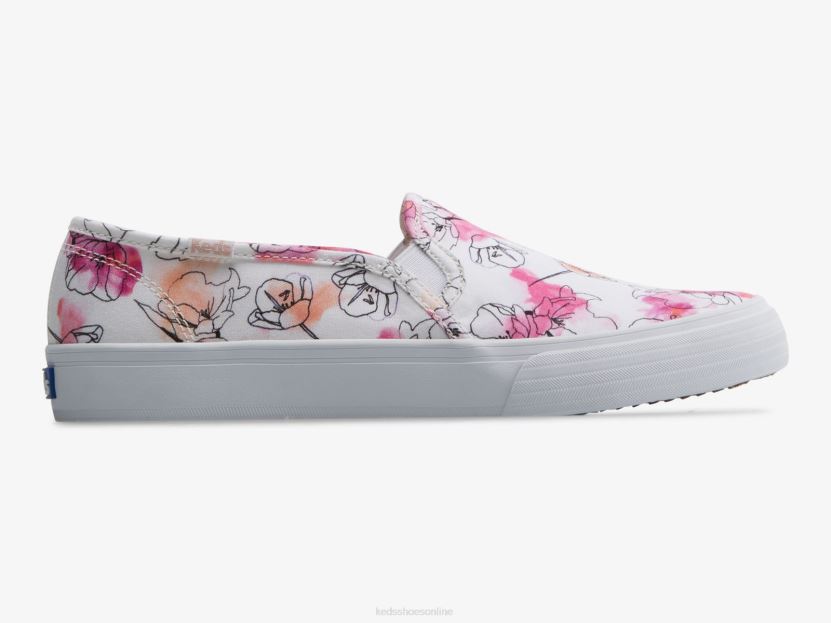 Women Keds Double Decker Canvas Watercolor Floral Print Slip On Sneaker White Pink RXFBP465
