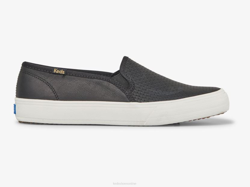 Women Keds Double Decker Emboss Leather Slip On Sneaker Black RXFBP424