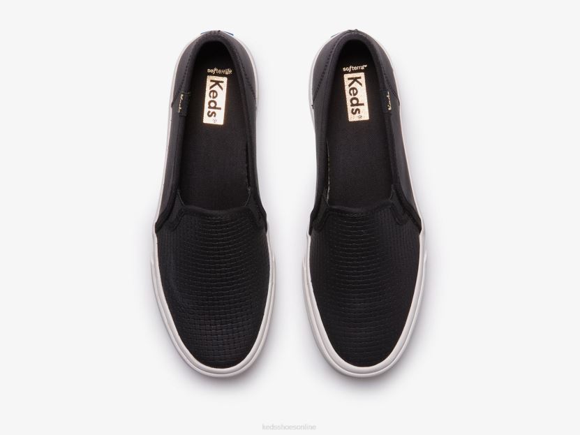Women Keds Double Decker Emboss Leather Slip On Sneaker Black RXFBP424