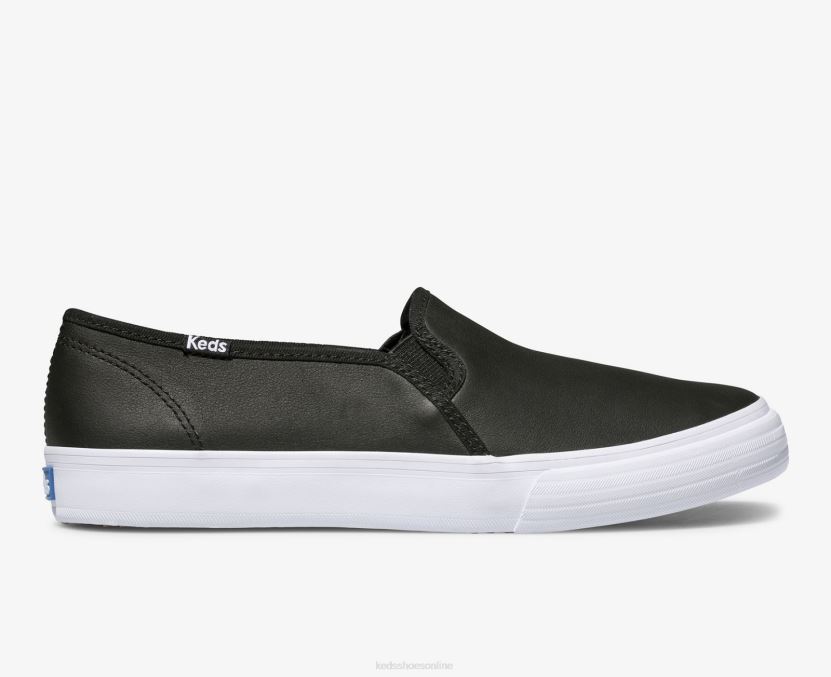 Women Keds Double Decker Leather Slip On Sneaker Black RXFBP427