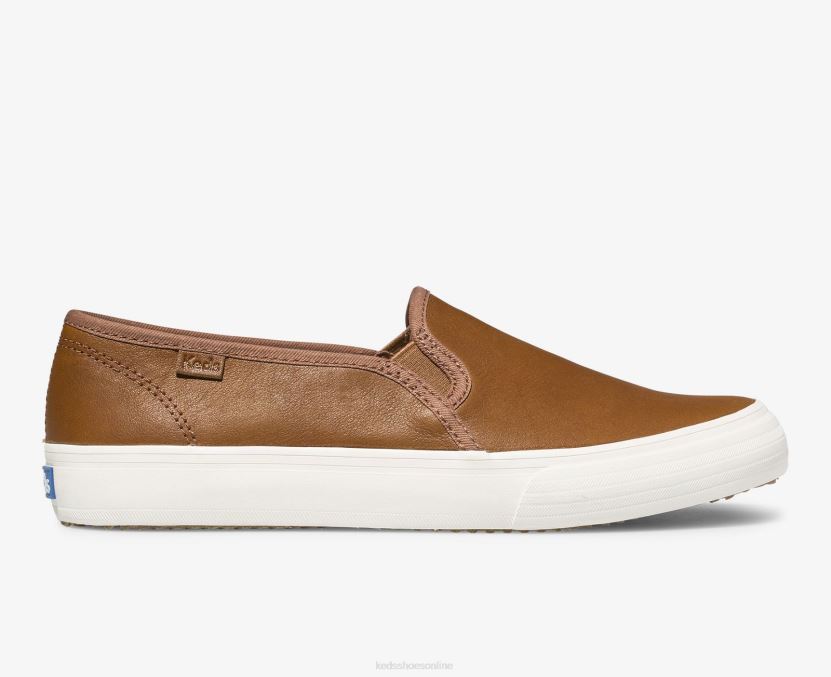 Women Keds Double Decker Leather Slip On Sneaker Cognac RXFBP426
