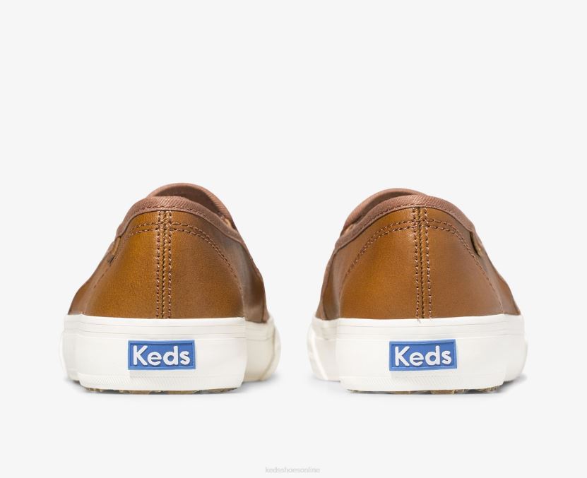 Women Keds Double Decker Leather Slip On Sneaker Cognac RXFBP426