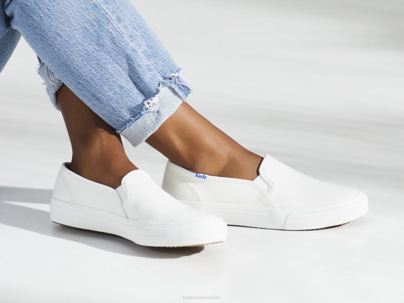 Women Keds Double Decker Leather Slip On Sneaker White RXFBP428