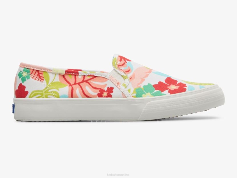 Women Keds Double Decker Tropical Print Slip On Sneaker White Coral RXFBP413
